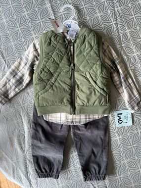 Green Quilted Vest Outfit with Plaid Shirt and Charcoal Pants
